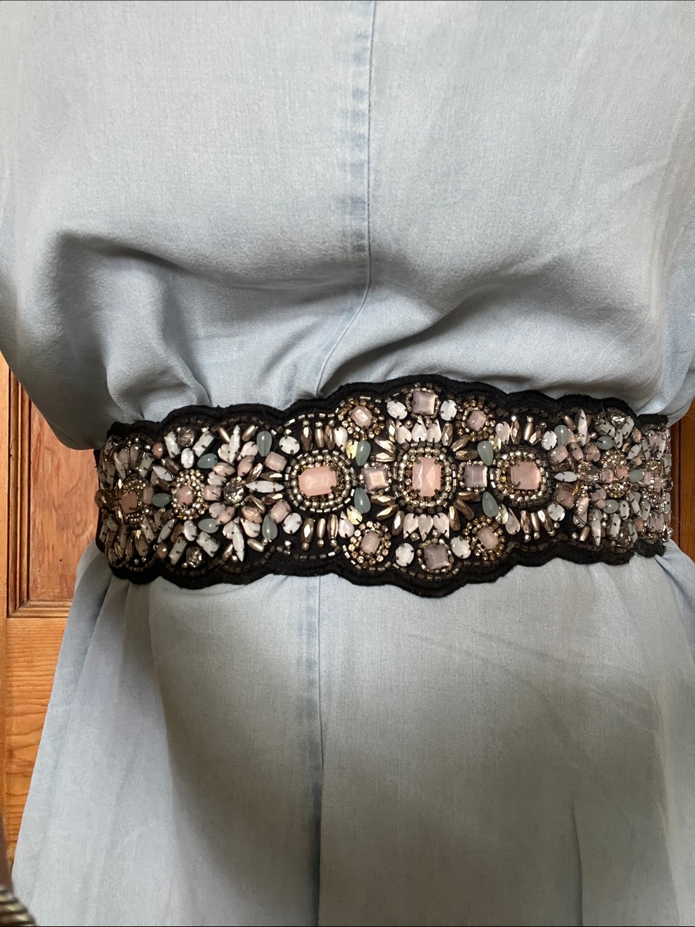 anthro | White Pink Gray Beaded Rhinestone Boho Waist Belt Vintage